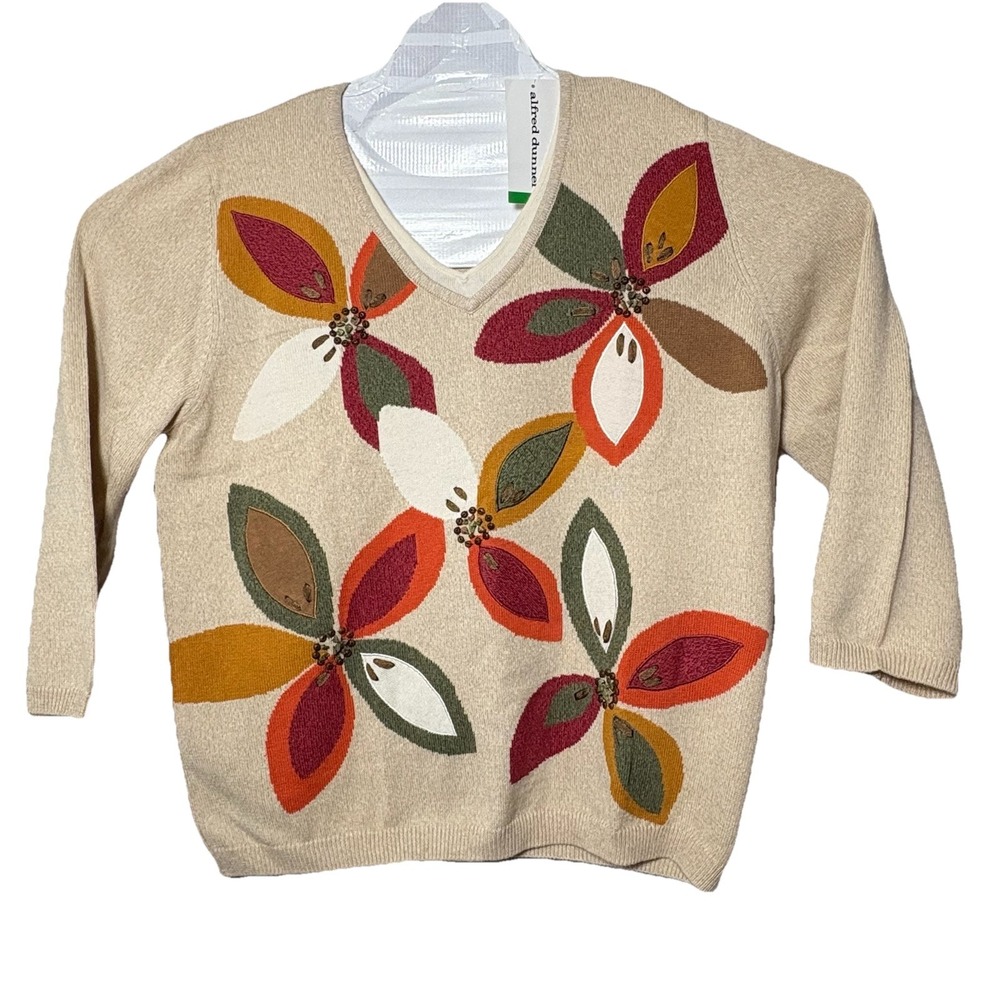 Alfred Dunner Fall Color Sweater Big Flowers W Beads NWT Womens Sz L Sante‎ Fe
